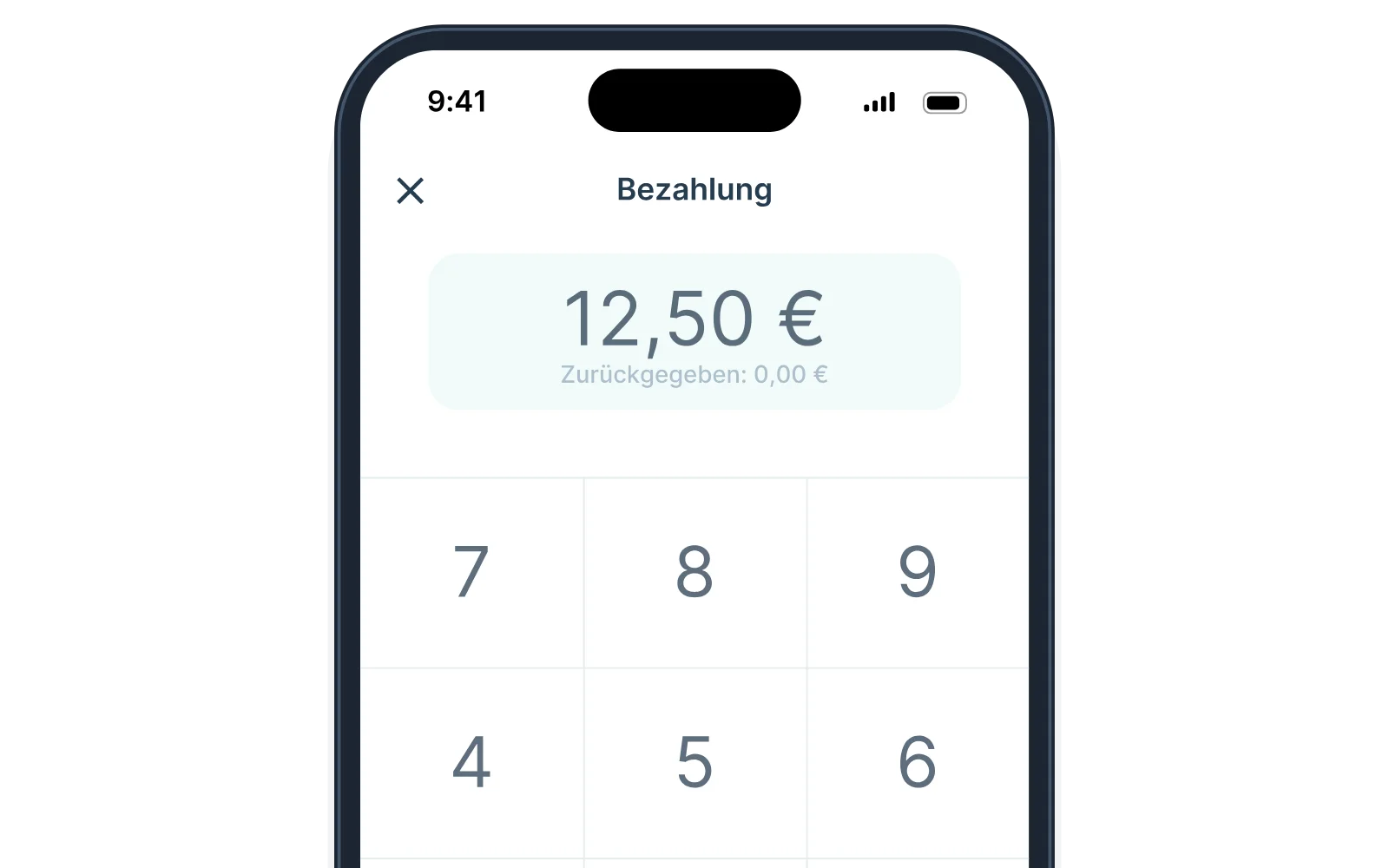 Zahlungsbildschirm der Tunder-App: Der Warenkorbbetrag von 12,50 € ist bereits eingetragen. Sie tippen nur noch auf die Zahlungsart (Bargeld, Bankkarte oder Scheck).