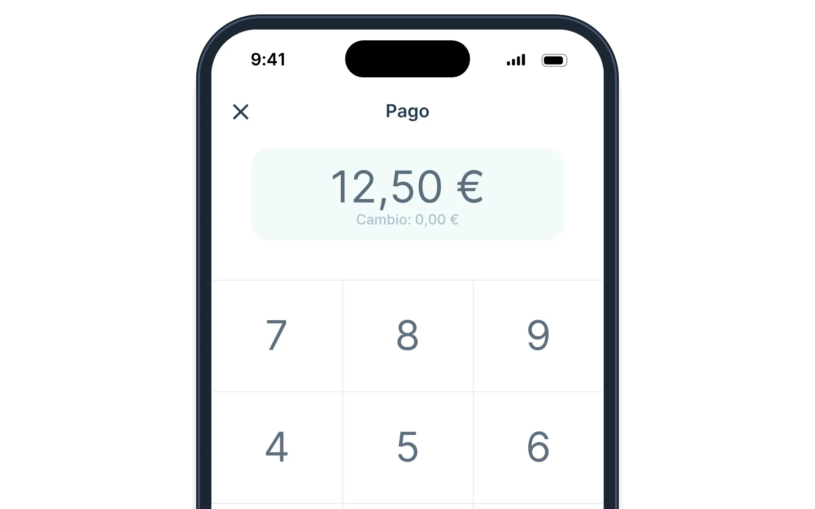 Pantalla de pago de la app Tunder: el importe de la cesta, 12,50 €, ya está rellenado. Solo queda tocar el medio de pago (efectivo, tarjeta bancaria o cheque).