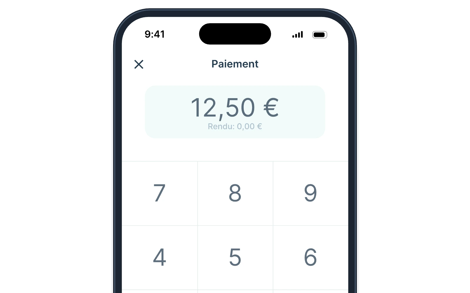 Écran de paiement de l'application Tunder : le montant du panier, 12,50 €, est déjà rempli. Il reste à toucher le moyen de paiement (espèce, carte ou chèque).