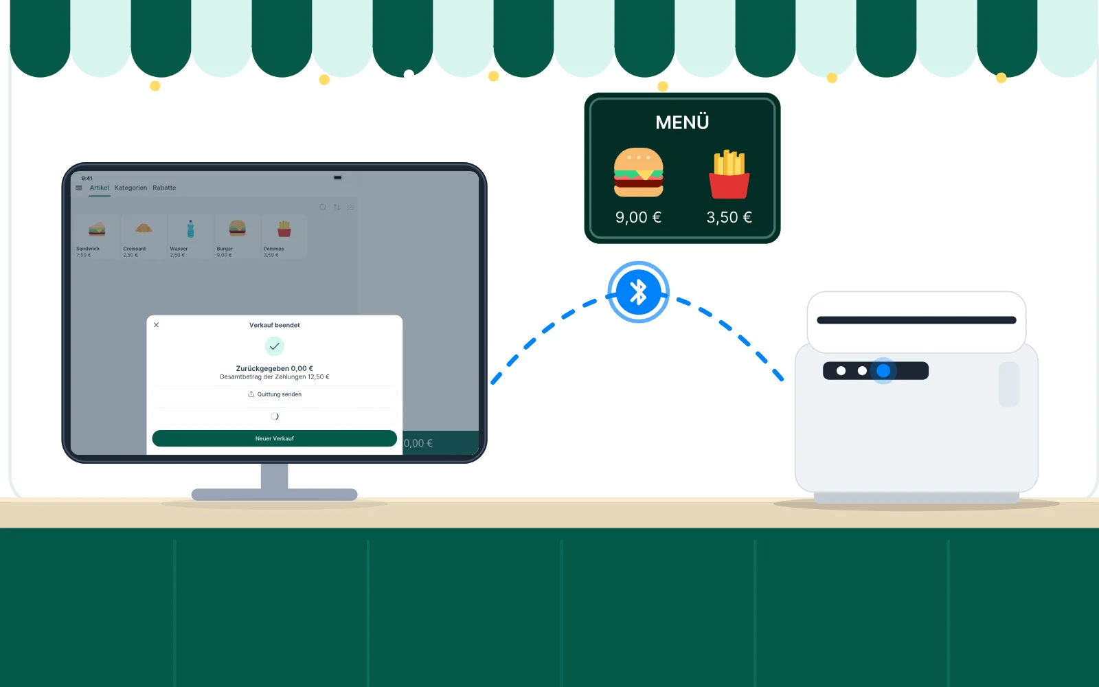 In einem Foodtruck sendet ein Tunder-Tablet den Kassenbon per Bluetooth an einen Thermodrucker, der den Bon mit Logo, Artikeln und Gesamtbetrag druckt.