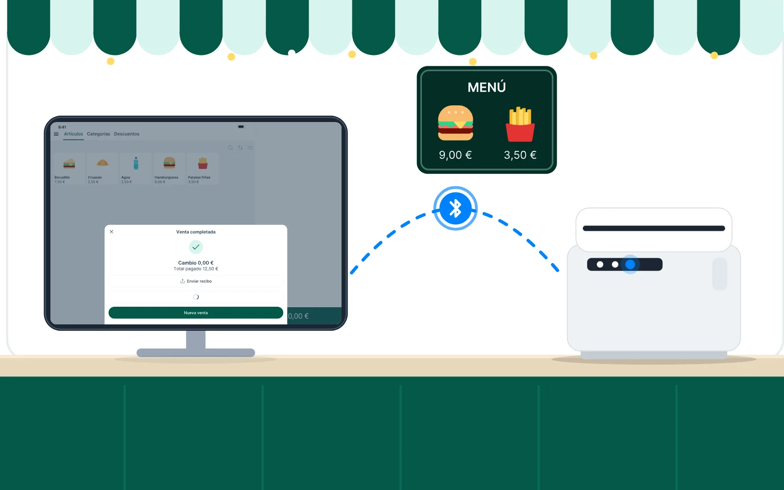 En un food truck, una tablet con Tunder envía el ticket de compra por Bluetooth a una impresora térmica, que imprime el ticket con el logo, los artículos y el total.