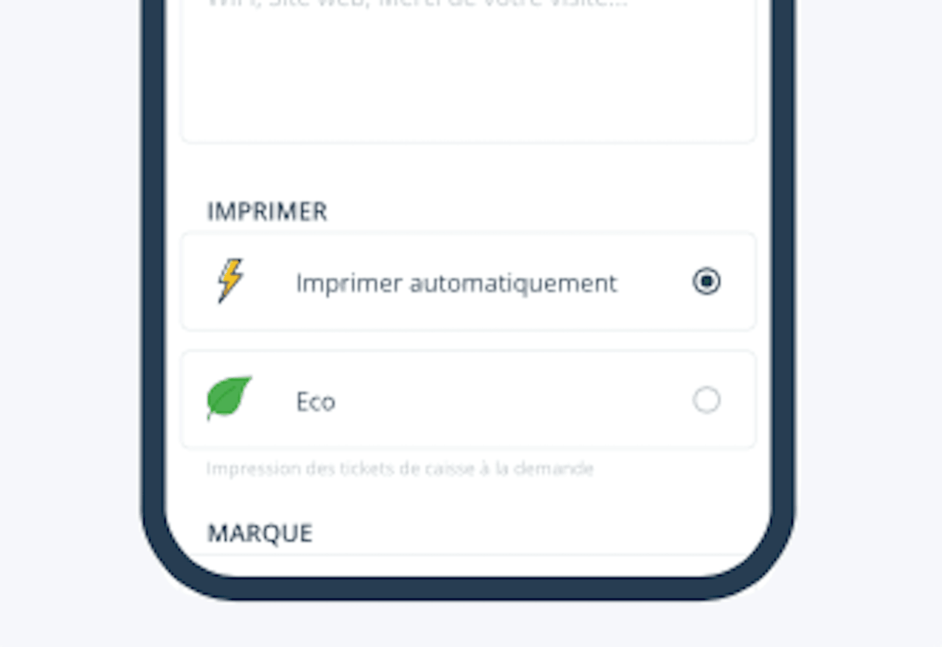 Druckeinstellungen der App Tunder mit den Optionen „Automatisch drucken“ und „Eco“