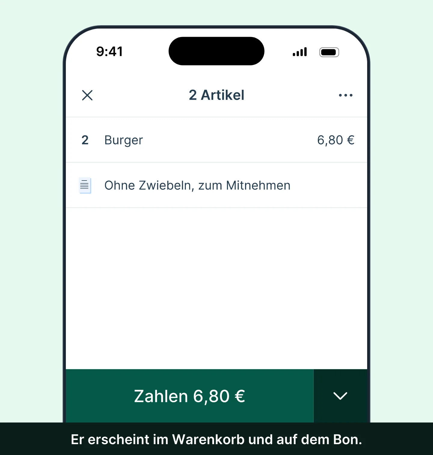 Im Warenkorb der Tunder-App tippt man auf die drei Punkte und dann auf „Einen Kommentar hinzufügen“: Man schreibt „Ohne Zwiebeln, zum Mitnehmen“, tippt auf OK und der Kommentar erscheint im Warenkorb.