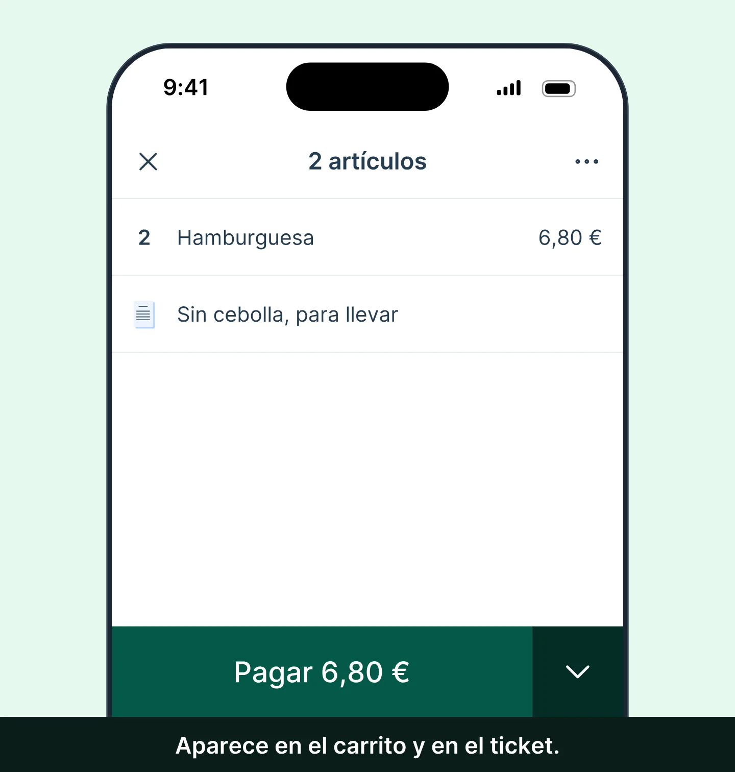 En el carrito de la app Tunder, tocas los tres puntos y luego «Añadir nota»: escribes «Sin cebolla, para llevar», tocas OK y la nota aparece en el carrito.