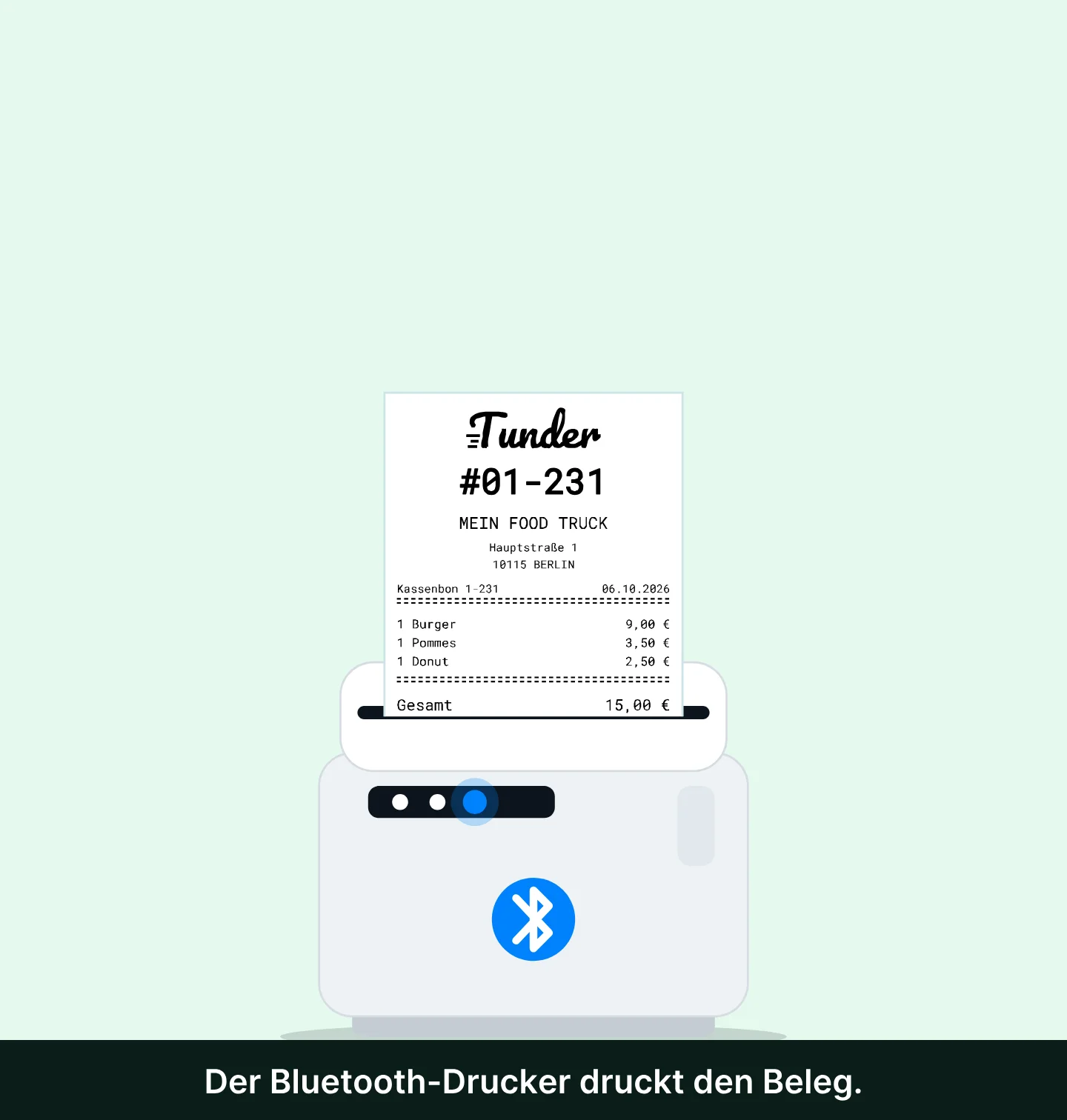 In der Tunder-App ist ein Verkauf mit drei Artikeln abgeschlossen: Man tippt auf „Beleg drucken“ und der Bluetooth-Drucker druckt den Kassenbon.