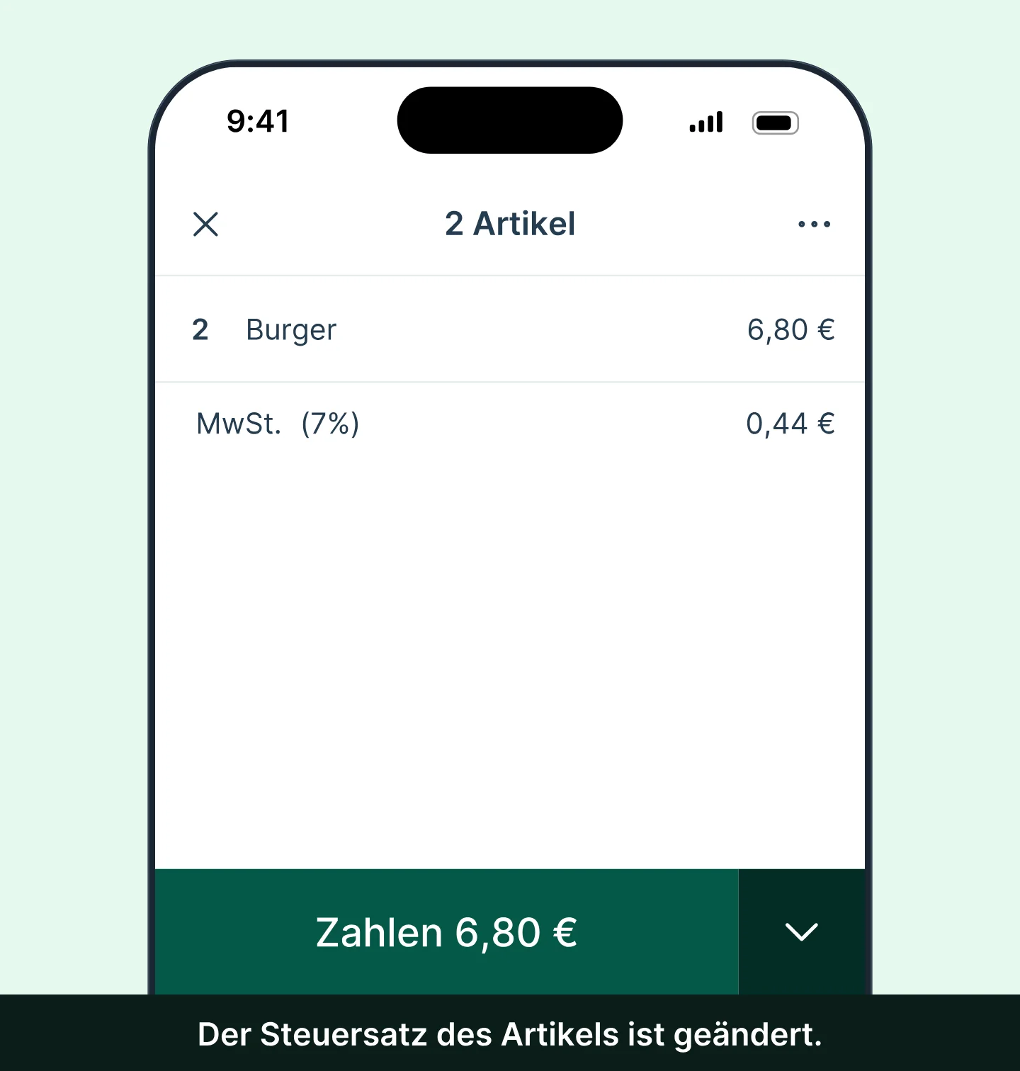 Im Warenkorb der Tunder-App tippt man auf den Artikel und dann auf „Steuer bearbeiten“: Man wechselt von MwSt. 19 % zu MwSt. 7 % und die Steuerzeile des Warenkorbs sinkt von 1,09 € auf 0,44 €.