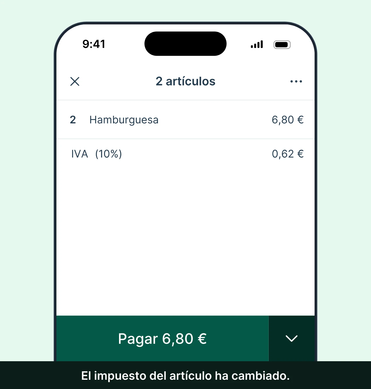 En el carrito de la app Tunder, tocas el artículo y luego «Editar impuesto»: pasas del IVA 21 % al IVA 10 % y la línea de impuestos del carrito baja de 1,18 € a 0,62 €.