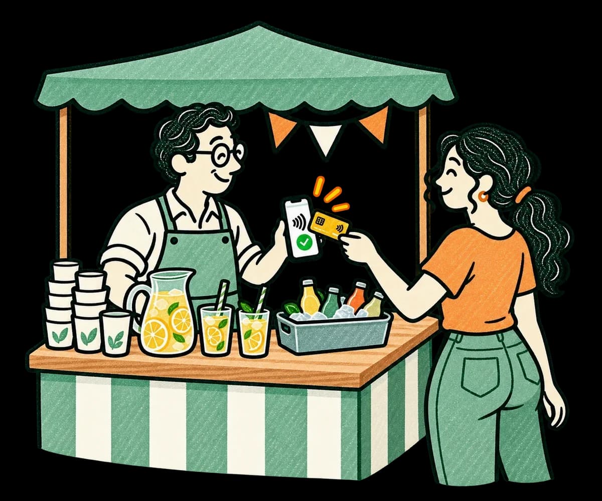 Illustration: An einem Getränkestand unter einem grün gestreiften Vordach, mit Limonadenkaraffe und kalten Getränken, hält ein Verkäufer sein Smartphone, eine Kundin bezahlt ihr Getränk kontaktlos mit Karte