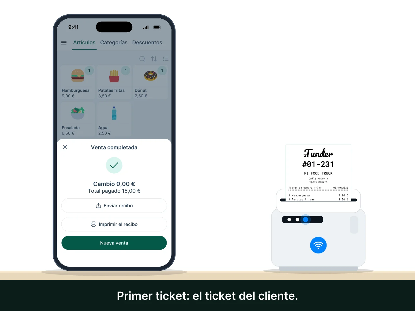 Un móvil con Tunder termina una venta: la impresora térmica wifi imprime primero el ticket del cliente con el número de pedido en grande y después la comanda para la cocina, en la misma impresora.