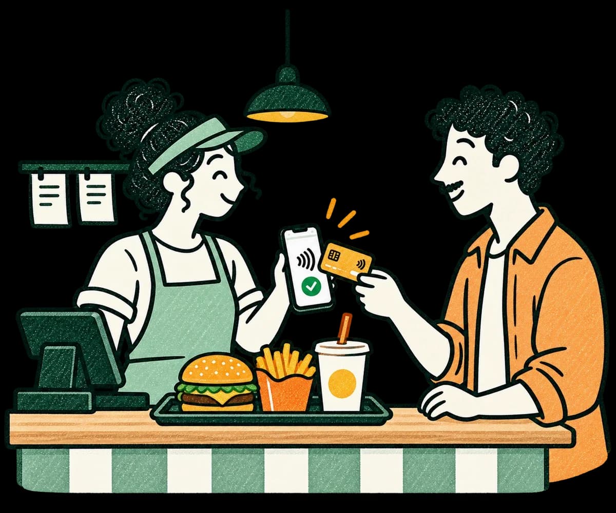 Ilustración: en el mostrador de un local de comida rápida, una vendedora sujeta su móvil y un cliente paga su menú de hamburguesa, patatas fritas y bebida con tarjeta sin contacto