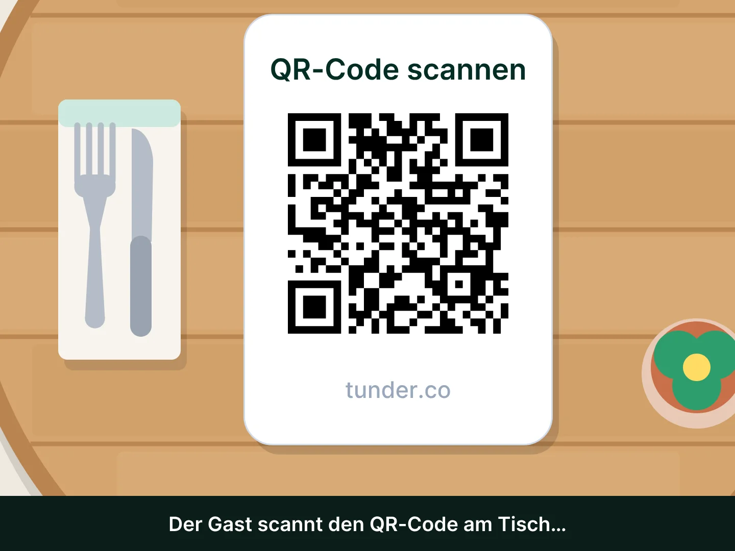 Ein Smartphone fotografiert die Papierkarte eines Foodtrucks; auf einem runden Holztisch, von oben gesehen, mit Serviette und Besteck, liegt eine Karte „QR-Code scannen“: Das Smartphone scannt sie und die Speisekarte öffnet sich auf dem Bildschirm.