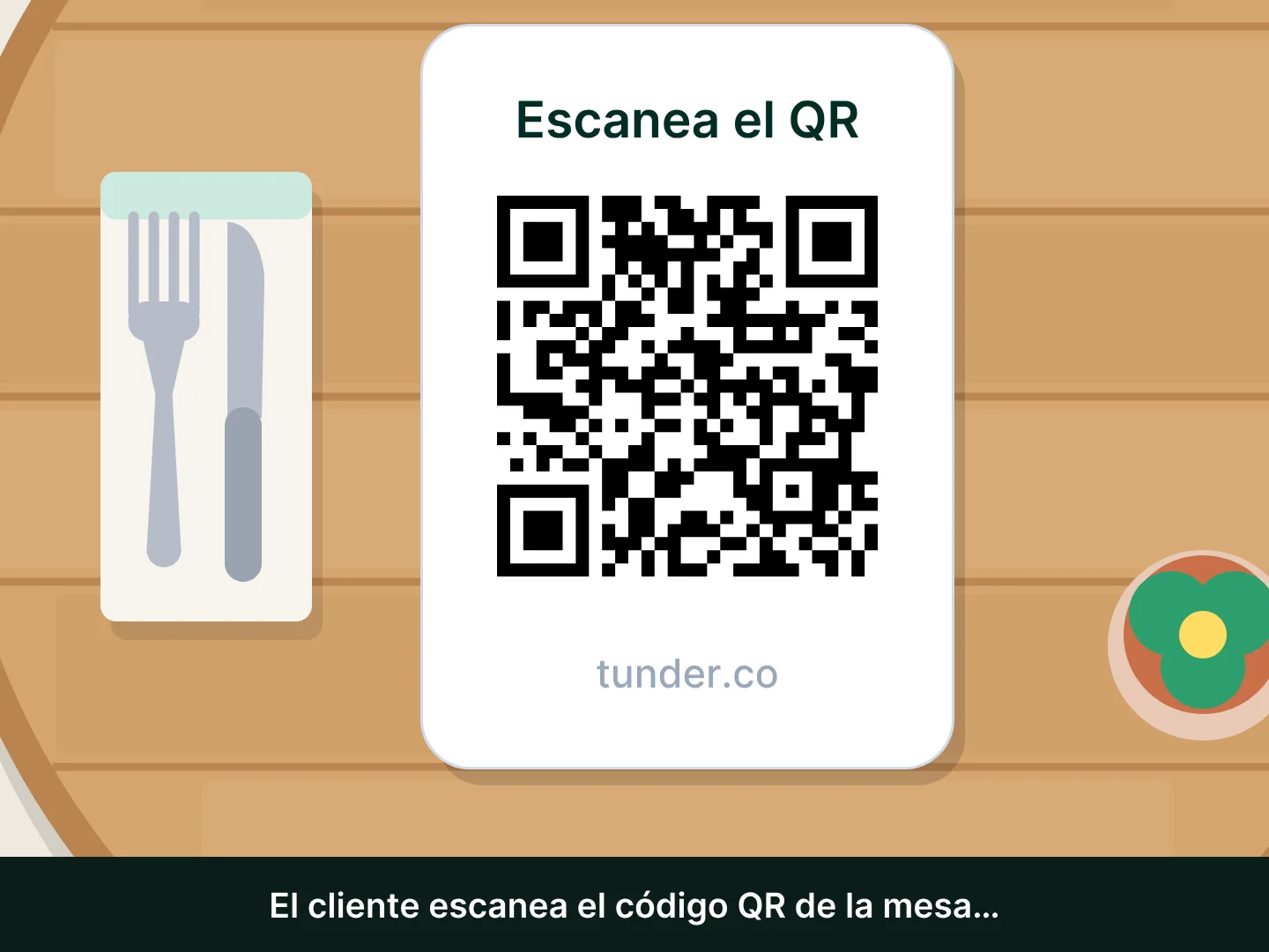 Un móvil hace una foto de la carta en papel de un food truck; sobre una mesa redonda de madera vista desde arriba, con una servilleta y cubiertos, hay una tarjeta «Escanea el QR»: el móvil la escanea y la carta se abre en su pantalla.