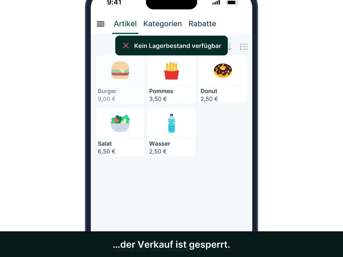 In der Tunder-App mit dem Premium-Abonnement steht der Burger schon auf „Niedriger Lagerbestand“; der erste Verkauf setzt ihn auf der Seite „Lager“ auf „Nicht vorrätig“ und seine Kachel wird grau; der zweite Verkauf wird mit der Meldung „Kein Lagerbestand verfügbar“ blockiert.