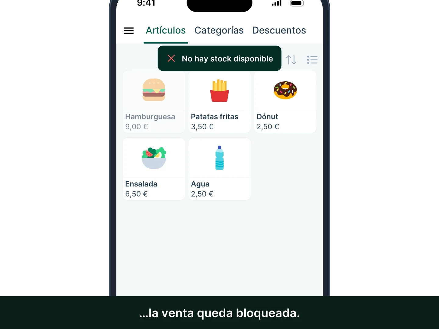 En la app Tunder con la suscripción Premium, la hamburguesa ya está «Bajo en stock»; la primera venta la pasa a «Agotado» en la página Inventario y su botón se vuelve gris; la segunda venta se bloquea con el mensaje «No hay stock disponible».