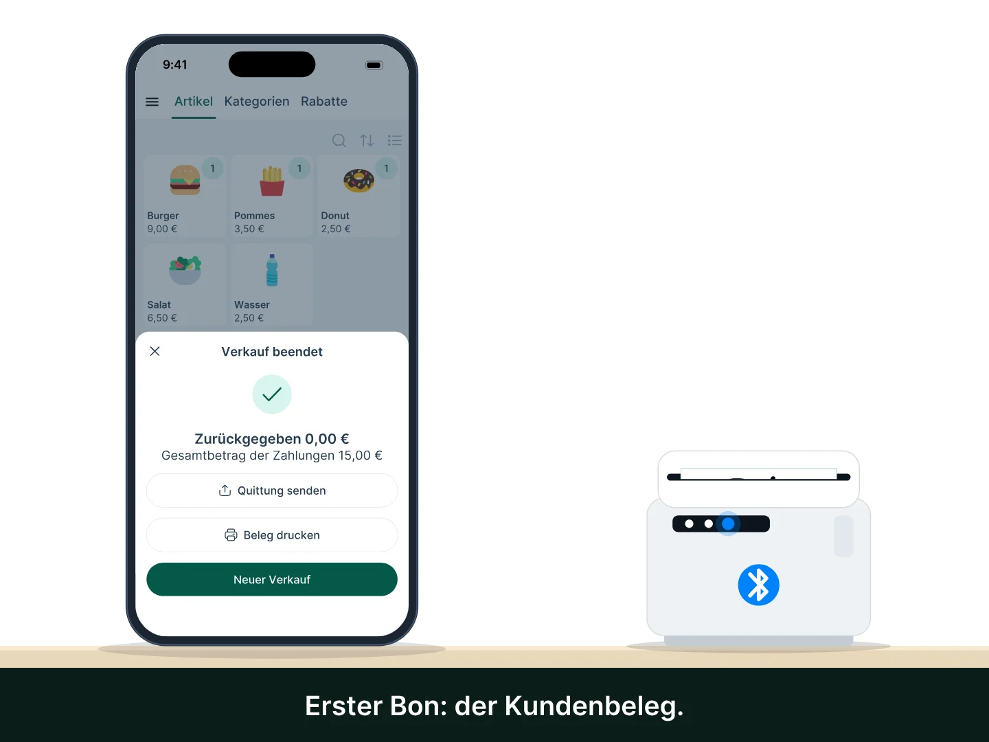 Ein Smartphone mit Tunder schließt ohne Internet einen Verkauf ab: Der Bluetooth-Thermodrucker druckt den Kundenbeleg mit großer Bestellnummer, dann druckt derselbe Drucker mit dem Premium-Abonnement auch den Küchenbon.