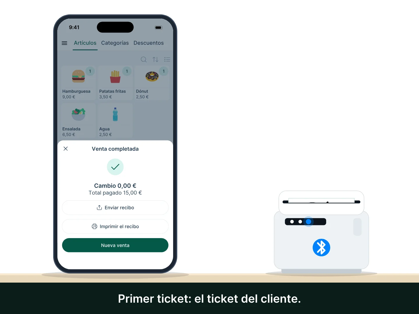 Un móvil con Tunder y sin internet termina una venta: la impresora térmica Bluetooth imprime el ticket del cliente con el número de pedido en grande y, con la suscripción Premium, la misma impresora imprime también el ticket de cocina.