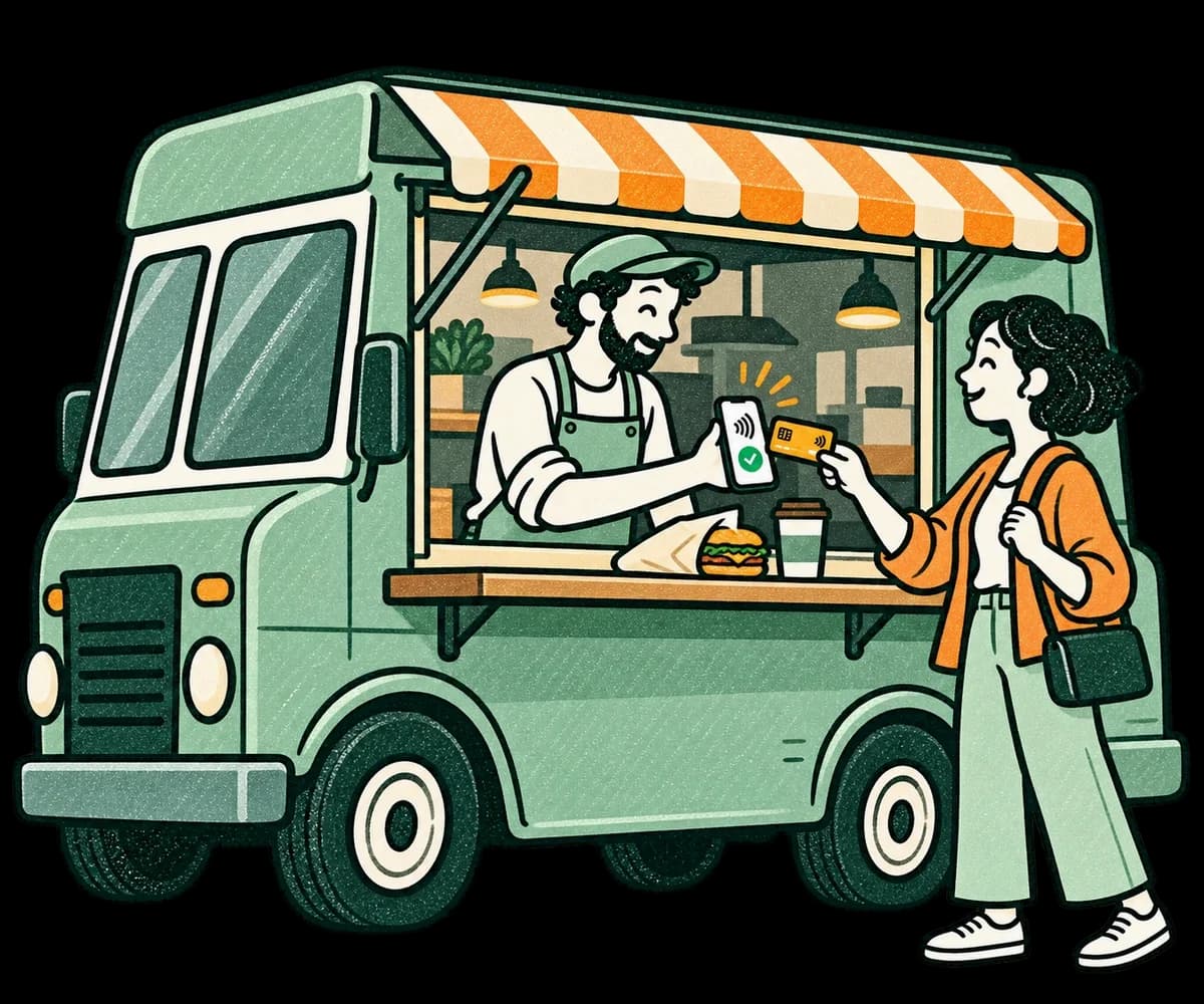 Ilustración: delante de un food truck con toldo de rayas naranjas, un vendedor sujeta su móvil y una clienta paga su comida con tarjeta sin contacto