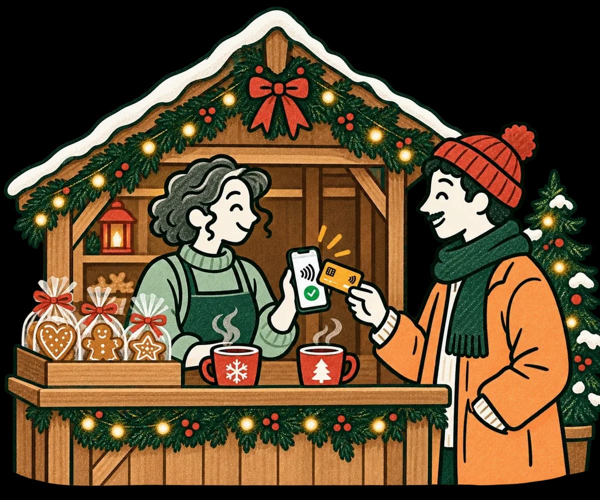 Illustration: Vor einer mit Girlanden geschmückten Weihnachtsmarkthütte hält eine Verkäuferin ihr Smartphone, ein Kunde bezahlt Lebkuchen und Glühwein kontaktlos mit Karte