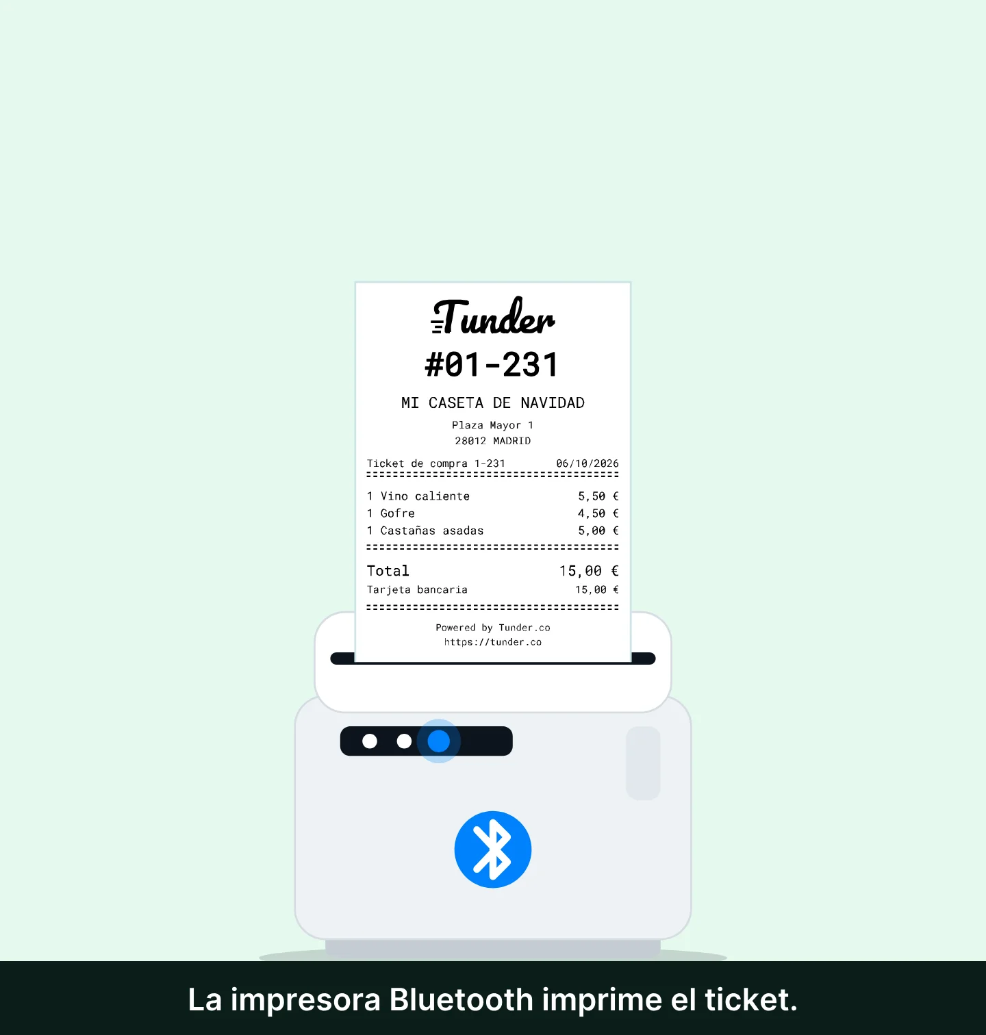 Una venta de tres artículos (vino caliente, gofre, castañas asadas, 15,00 €): tras «Venta completada», un toque en «Imprimir el recibo» y una impresora Bluetooth imprime el ticket de compra de la caseta.