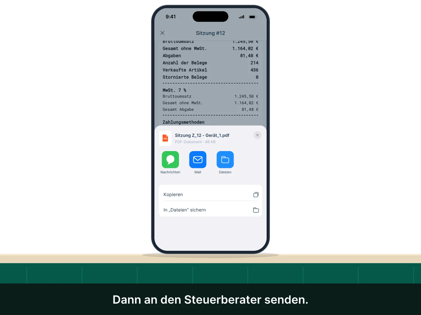 Der Z-Bericht der Sitzung des Getränkestands erscheint in der App; das Bargeld in der Kassenschublade wird gezählt und die Sitzung geschlossen; dann wird der Z-Bericht als PDF per E-Mail an den Buchhalter gesendet.