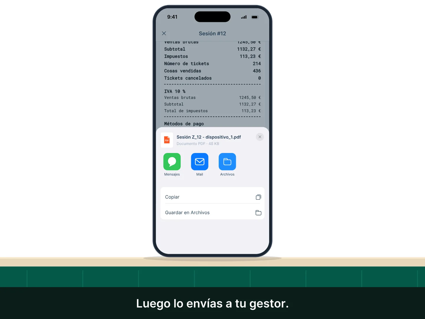 El informe Z de la sesión de la barra aparece en la app; se cuenta el efectivo del cajón portamonedas y se cierra la sesión; después se envía el informe Z en PDF al contable por correo electrónico.