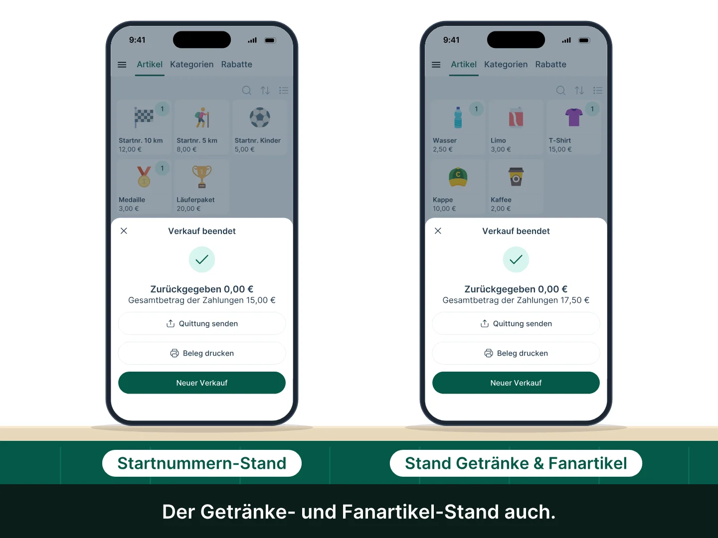 Zwei Stände, Startnummern sowie Getränke und Goodies, kassieren je einen Verkauf an ihrer Kasse; danach synchronisieren sich beide Kassen mit dem Gerät des Veranstalters, dessen Dashboard beide Verkäufe oben in den letzten Verkäufen zeigt und einen Umsatz, der von 2.810,00 € auf 2.842,50 € steigt.
