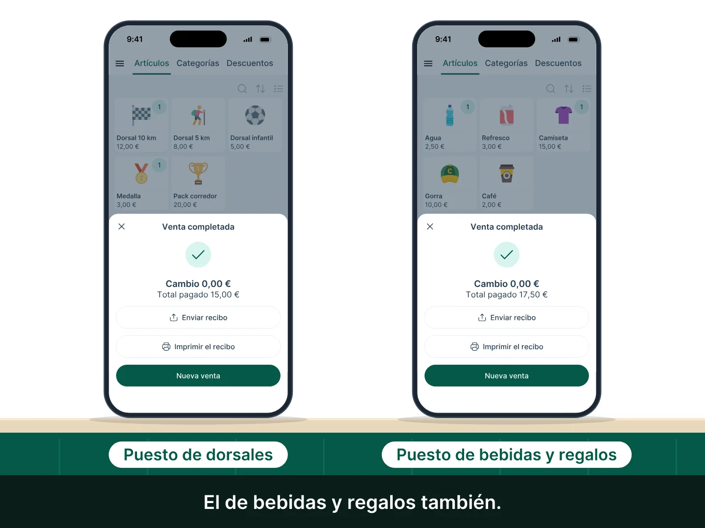 Dos puestos, dorsales y bebidas y regalos, cobran cada uno una venta en su caja; después, las dos cajas se sincronizan con el dispositivo del organizador, cuyo panel muestra las dos ventas arriba de las últimas ventas y una facturación que pasa de 2810,00 € a 2842,50 €.