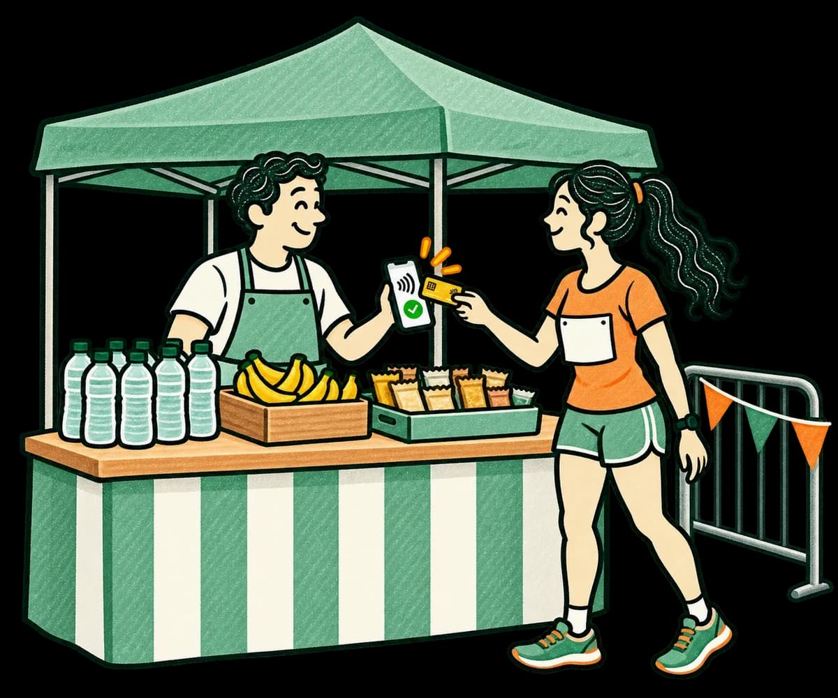 Ilustración: en un puesto de avituallamiento bajo una carpa verde, con botellas de agua, plátanos y barritas, un vendedor sujeta su móvil y una corredora paga sus compras con tarjeta sin contacto